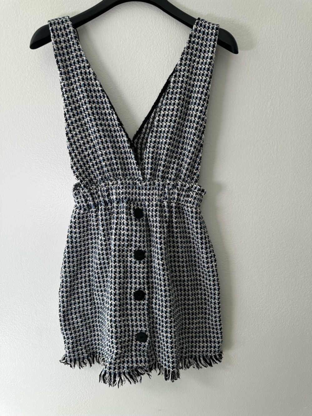 Zara Tweed Romper Dress XS Black White Blue Textured Button Front Fringe